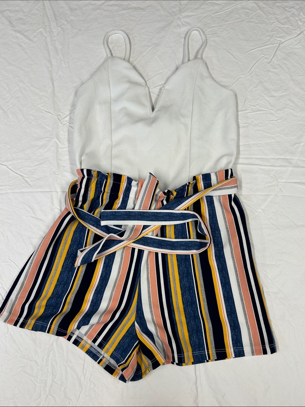 Almost Famous Striped Romper Skort Set V-Neck Camisole Tie Waist Sz M